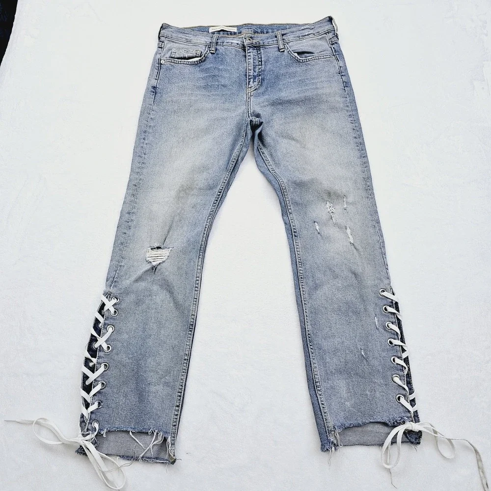 Anthropologie Pilcro Slim Straight‎ Jeans Womens 34W 28L Raw Hem Lace Up Denim